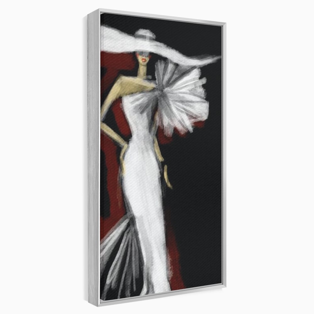 Tablou canvas cu ilustratie cu manechin in rochie alba, in rama de aluminiu argintiu